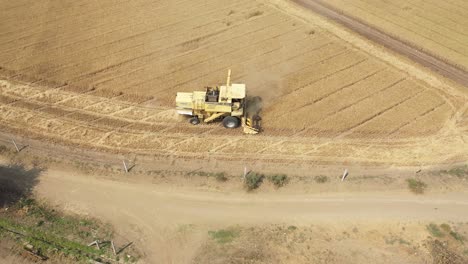 Aerial-drone-following-shot-over-a-yellow-agricultural-farm-combine-harvester-busy-harvesting-wheat-on-an-industrial-wheat-field-on-a-sunny-day