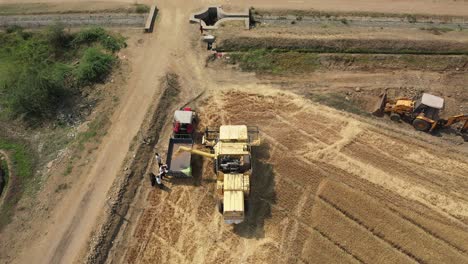 Aerial-drone-rotating-shot-over-agricultural-farm-combine-harvester-dropping-harvested-grains-collected-into-a-tractor-on-the-industrial-wheat-field-on-a-sunny-day