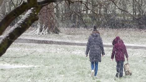 People-walking-kids-to-school-in-blizzard-snow-cold-weather-in-windy-UK-winter-snowfall