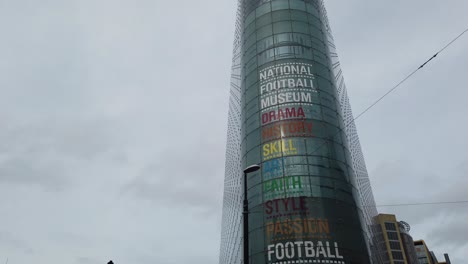 Manchester-Football-museum-in-Manchester-and-Urbis-Building,-England,-UK