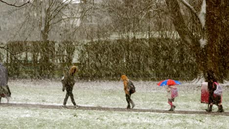 Gente-Caminando-Niños-A-La-Escuela-En-Ventisca-Nieve-Clima-Frío-En-Ventoso-Reino-Unido-Tormenta-De-Nieve-De-Invierno