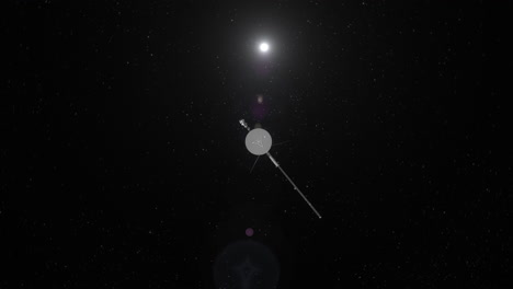 Voyager-1-Travelling-Out-of-Solar-System-Directly-Past-Rotating-Camera-Heading-Towards-Deep-Space-with-Distant-Sun-Flare-and-Stars-Background-4K