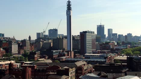 Birmingham-skyline-aerial-rising-shot-and-landmark-BT-Tower-on-a-Summer`s-afternoon