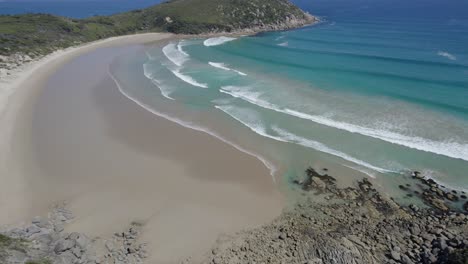 Turquoise-Ocean-Waves-Rolling-On-Sandy-Shore,-Whisky-Bay-In-Wilsons-Promontory,-Victoria,-Australia---aerial-shot