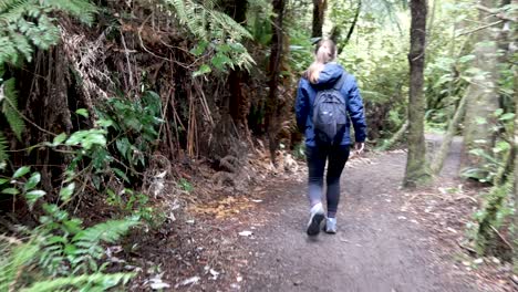 A-woman-walking-on-a-path-in-a-New-Zealand-forest-surrounded-by-ferns-and-trees-wearing-a-blue-outfit