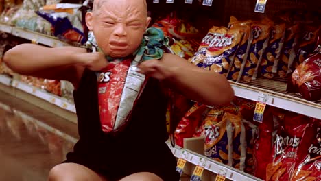 Woman-in-sad-face-mask-sitting-in-grocery-store-eating-Doritos