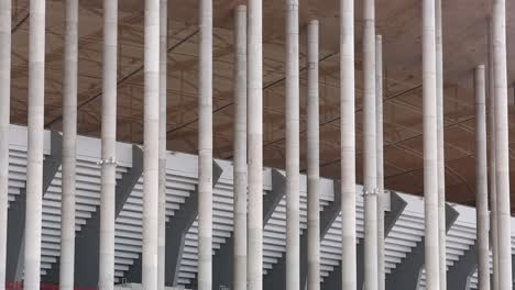 Long-shot-of-the-exterior-pillars-around-the-Mane-Garrincha-Stadium-in-Brasilia