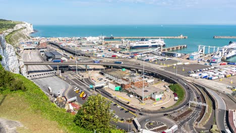 Busy-traffic-time-lapse-sequence-of-the-approach-to-the-Port-of-Dover-GBR,-illustrating-the-border-controls-and-customs