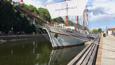 A-shot-of-the-restored-classic-ship-converted-into-a-restaurant-in-Klaipeda,-Lithuania