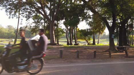 Stabilized-Shot-of-Driving-Through-Angkor-Wat-With-the-Sun-Shining-Through-the-Trees-at-the-Side-of-the-Road