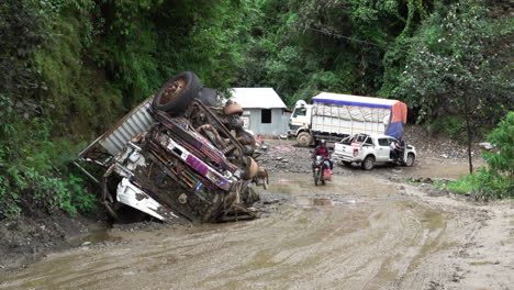 Kathmandu,-Nepal---September-27,-2019:-A-bad-accident-on-a-dangerous,-muddy-mountain-road-in-the-foothills-of-Kathmandu,-Nepal-on-September-27,-2019