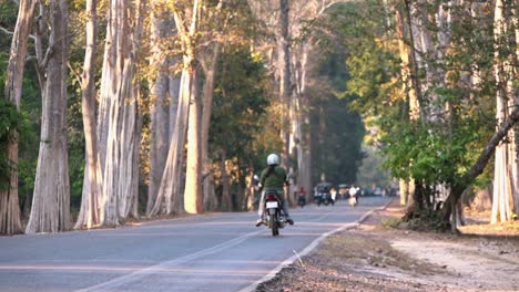 Timelapse-De-Vehículos-En-Una-Estrecha-Carretera-Del-Condado-Cerca-De-Angkor-Wat-Con-árboles-A-Ambos-Lados