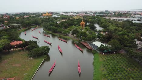 Aerial-View-on-Ancient-Siam,-Open-Air-Museum-Called-Ancient-City-With-Replicas-of-Famous-Historic-and-Mythological-Landmarks-of-Thailand