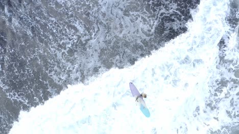 Female-surfer-entering-wave-sets-in-Balangan-Beach-with-pastel-colored-board,-Aerial-top-view-shot