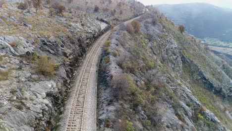Aerial-shot---Railway-high-up-in-the-Montenegro-mountains