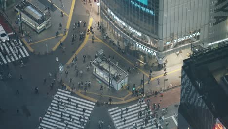 Hochwinkelaufnahme-Von-Fußgängern,-Die-Nachts-Am-Shibuya-Kreuz-Entlang-Gehen,-Inmitten-Der-Coronavirus-Pandemie-In-Tokio,-Japan