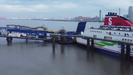 Stena-Line-freight-ship-vessel-logistics-cargo-shipment-from-Wirral-terminal-Liverpool-aerial-pull-back-view