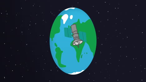 Cartoon-Planet-Earth-spinning,-orbital-satelitte-flies-by,-animation