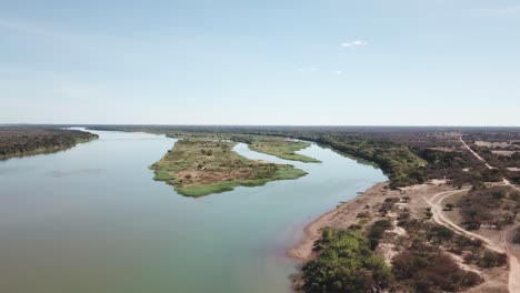Sao-Francisco-River-during-a-major-drought,-surrounded-by-the-dry,-arid-landscape-of-Brazil