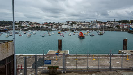 boats-moored-on-harbor-of-Saint-Peter-Port,-in-Guernsey,-Channel-Islands,-UK