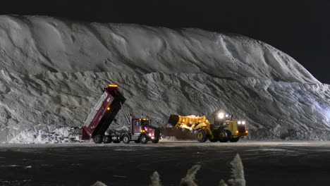 Camión-Volquete,-Excavadora-Y-Soplador-De-Nieve-Trabajando-En-El-Vertedero-De-Nieve-En-La-Noche-En-Montreal,-Canadá