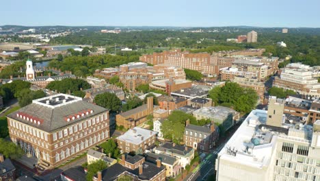 Cinematic-Aerial-View-of-Harvard-University,-Summer