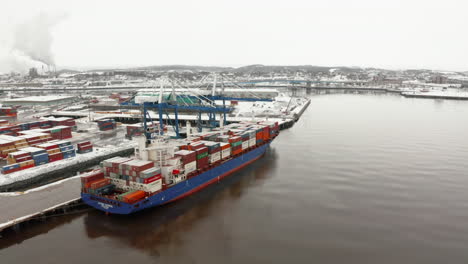 Aerial-view-of-a-freighter-ship-in-port-on-a-winter-day-in-Saint-John,-New-Brunswick