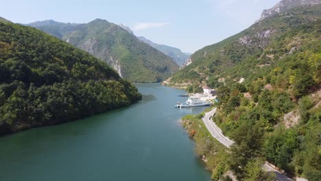 Road-to-Lake-Koman-Ferry-Terminal-at-Fierze,-Albania---Aerial-Drone-View