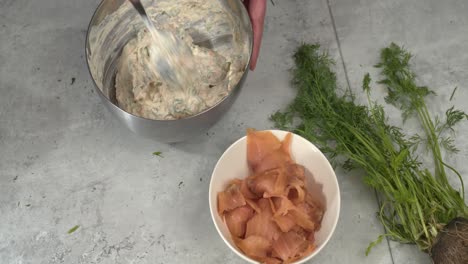 Overhead-view:-Counter-top,-mixing-cream-cheese-with-salmon-and-dill