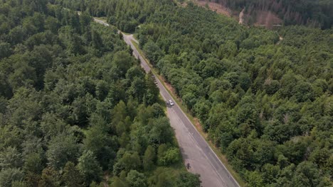 Luftaufnahme,-Die-Einem-Fahrzeug-An-Einem-Sonnigen-Tag-über-Eine-Straße-Durch-Einen-Riesigen-Kiefernwald-In-Den-Bergen-Folgt