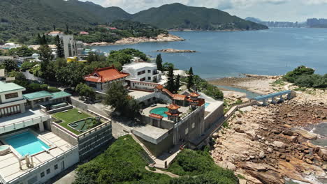 Luxury-Temple-like-Apartment-Building-in-Shek-O,-Hong-Kong,-Drone-View