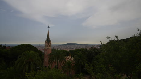 Park-Guell-and-the-city-view-of-Barcelona-in-early-evening-sunlight