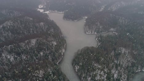 Aerial-shot-of-frozen-lake-surrounded-by-forest-at-winter