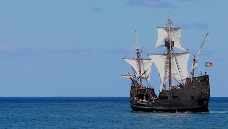 Flagship-maneuver---replica-of-the-La-Santa-María-de-la-Inmaculada-Concepción-or-La-Santa-María,-originally-La-Gallega,-captained-by-Christopher-Columbus-first-voyage-across-the-Atlantic-Ocean-in-1492