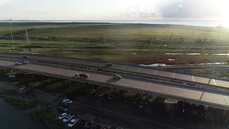 Aerial-drone-video-of-Highway-I45-into-Galveston