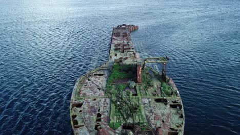 Aerial-footage-of-the-Wreck-of-Juniata,-an-old-abandoned-ship-at-Inganess-Bay-on-the-mainland-of-Orkney