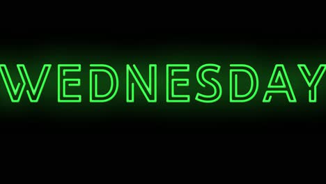 Blinkendes-Neongrünes-Mittwochsschild-Auf-Schwarzem-Hintergrund,-Das-Mit-Flimmern-Ein--Und-Ausgeschaltet-Wird