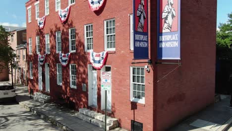 Front-facade-of-Babe-Ruth-Home,-Birthplace-and-Museum,-famous-MLB-slugger-and-outfielder-for-New-York-Yankees,-American-baseball-hero,-sports-theme