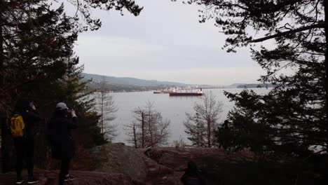 People-take-photos-of-cargo-ships-arriving-at-port-from-cliff,-long-shot