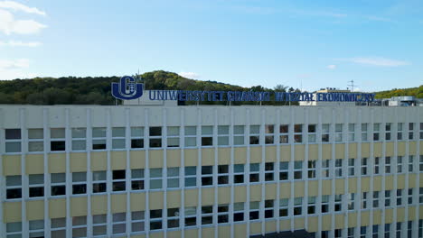 Aerial-close-up-on-the-inscription-on-the-building-Economics-at-the-University-of-Gdansk-campus-in-Sopot
