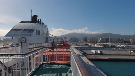 View-from-hull-of-the-ferry-to-transport-trucks-in-the-shipping-Port-of-Algeciras-in-Spain