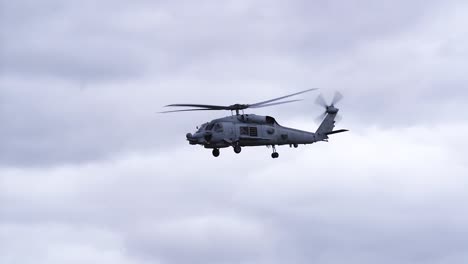 MH-60R-Seahawk-Helicopter-Flying-Against-Cloudy-Sky---low-angle
