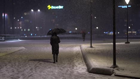 Woman-dressed-in-all-black-holding-umbrella-walks-away-as-snow-falls