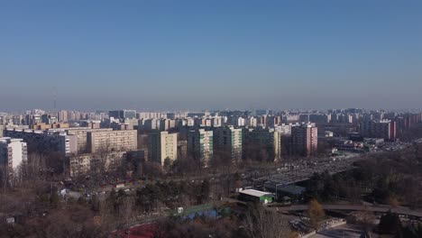Aerial-View-Of-Town-With-Concrete-Post-Communist-Buildings-On-Sunny-Day