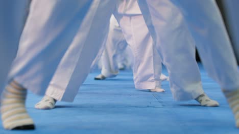 Nahaufnahme-Mehrerer-Kinder-Im-Karate-Kimono,-Die-Vor-Ort-Springen-Und-Ihre-Haltung-ändern