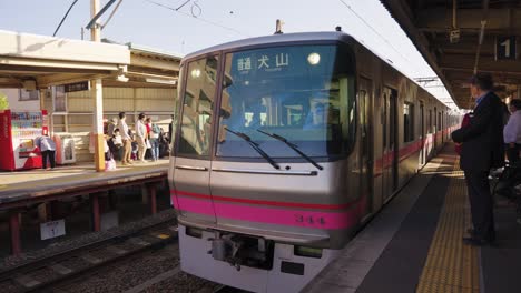 Japanese-Train-Bound-for-Inuyama-Arrives-at-Tagata-Station