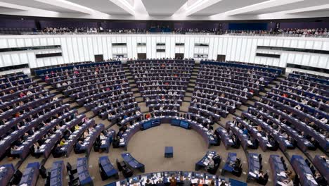 Members-of-the-European-Parliament-voting-during-the-EU-plenary-session-in-Strasbourg,-France---Wide-angle