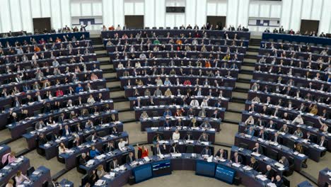 Plenary-chamber-of-the-European-Parliament-during-debates-in-Strasbourg,-France---Tilt-up-shot