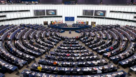 A-general-view-of-the-hemicycle-during-a-plenary-session-in-Strasbourg,-France---Static-shot