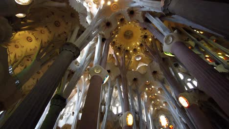 Interior-Of-Sagrada-Familia-In-Barcelona,-Spain---low-angle